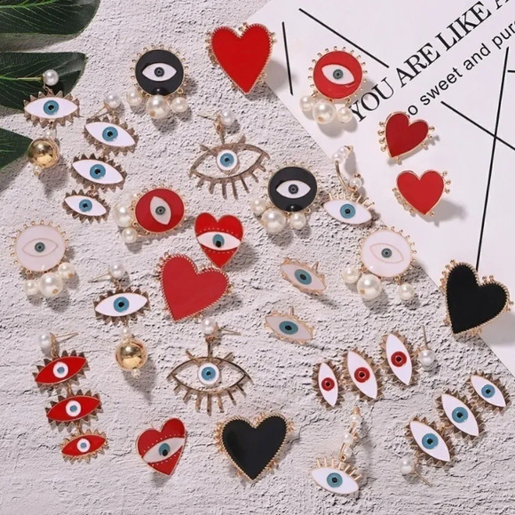 NEW! Boho Red Enamel Heart Evil Eye Stud Earrings - Picture 6 of 7